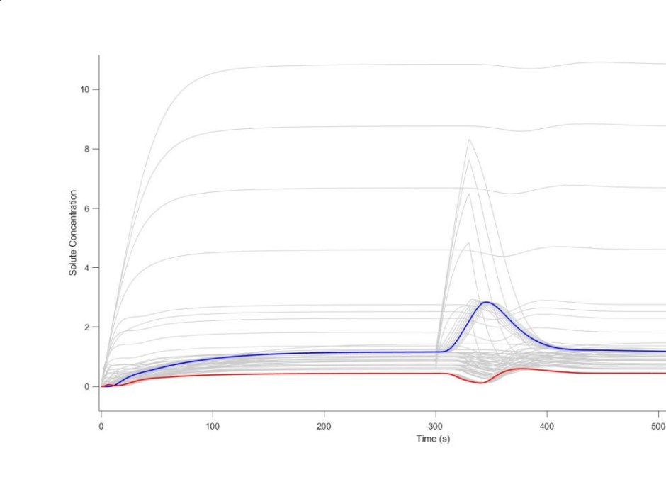Simulation output showing the disturbance at 300 seconds and the return to homeostasis