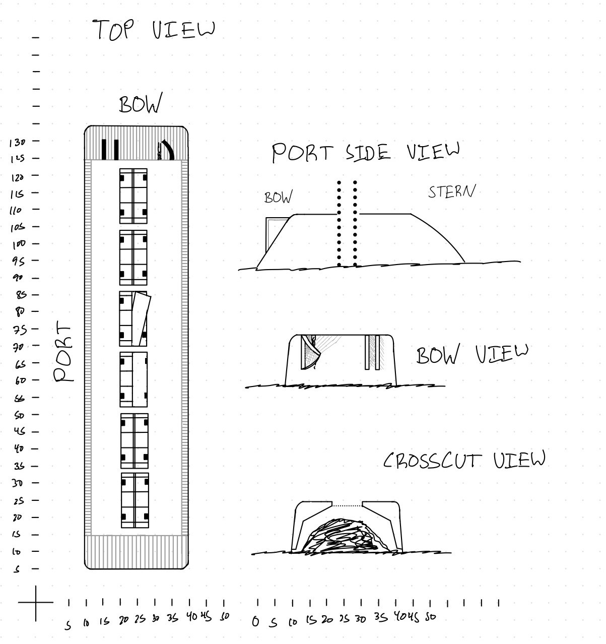 Hand-drawn survey schematic of Keith's Barge, showing top view, port side view, bow view, and a crosscut