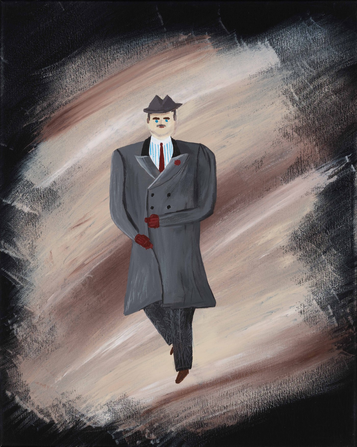 Acrylic painting of a man in a fedora and gray overcoat against a black and tan background