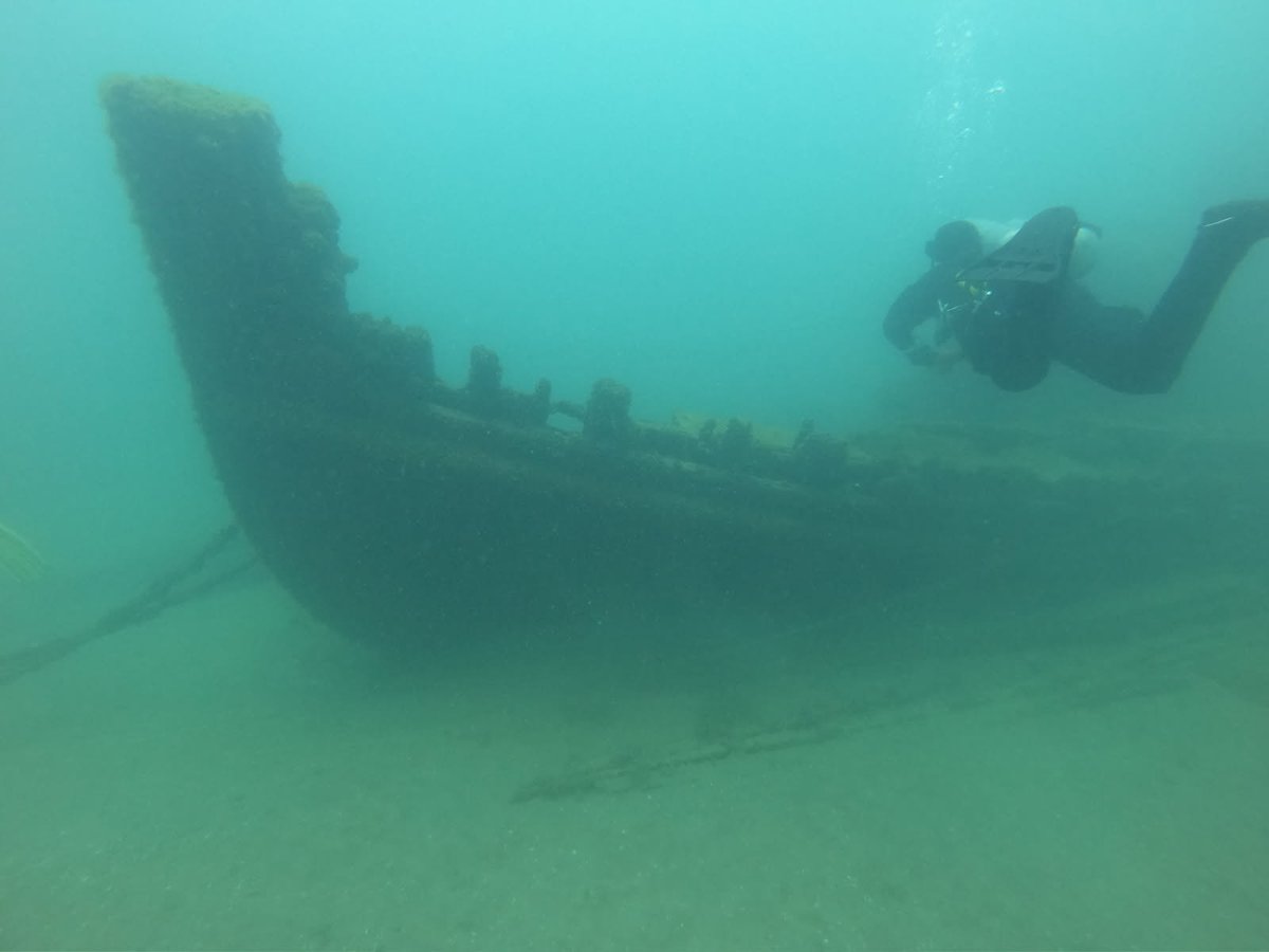A diver approaching the bow of a sunken wreck