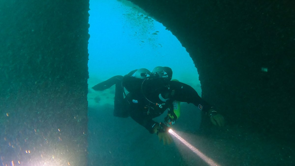 A diver emerging from an opening in a shipwreck, light beam visible